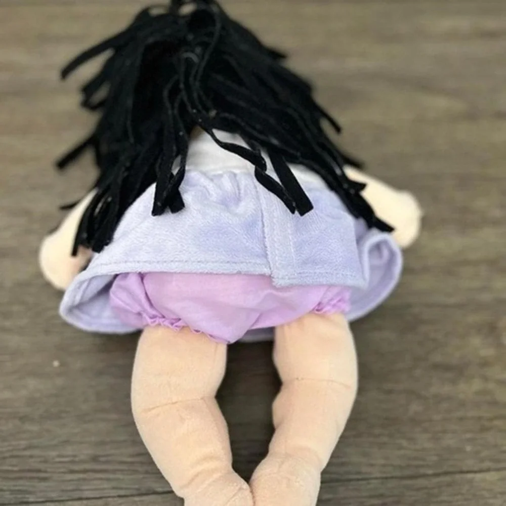 Manhattan Toy Co Baby Stella Doll Soft Plush Black Hair Purple Floral Dress Toy